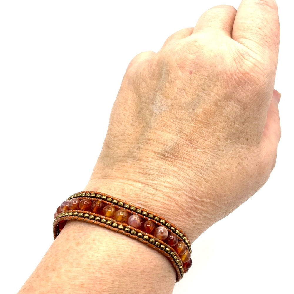 Hand Crafted Orange Fire Agate Cuff Bracelet with Floral Clasp - Picture 9 of 10